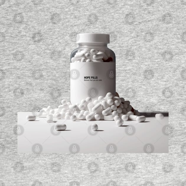 Hope Pills: A Bottle of Hope to cure the 2023 Hangover. Believe That You Are Able on a light (Knocked Out) background by Puff Sumo